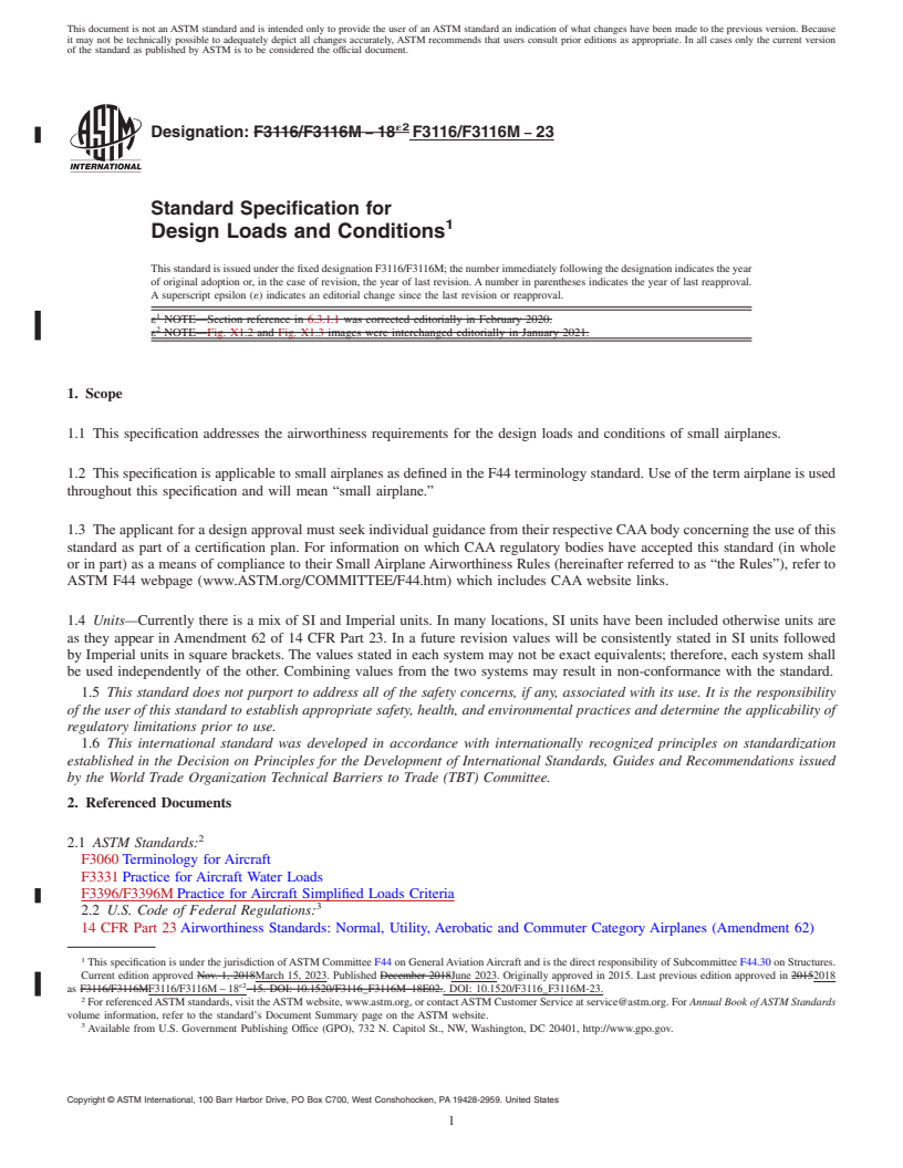 REDLINE ASTM F3116/F3116M-23 - Standard Specification for Design Loads and Conditions