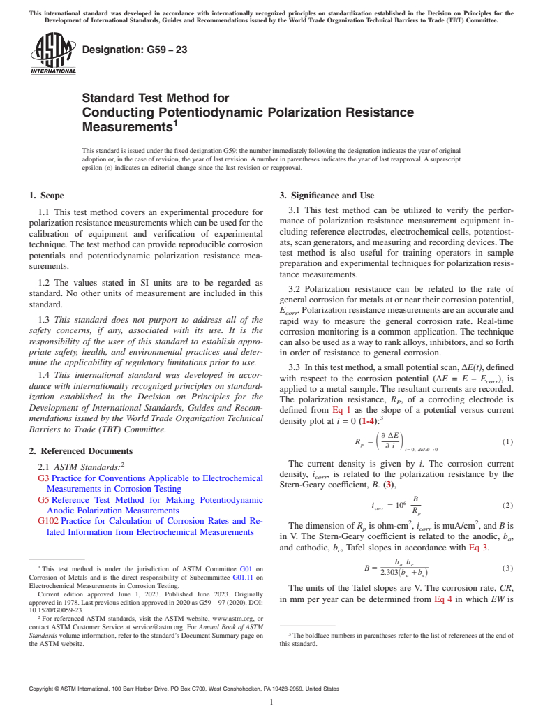 ASTM G59-23 - Standard Test Method for Conducting Potentiodynamic Polarization Resistance Measurements