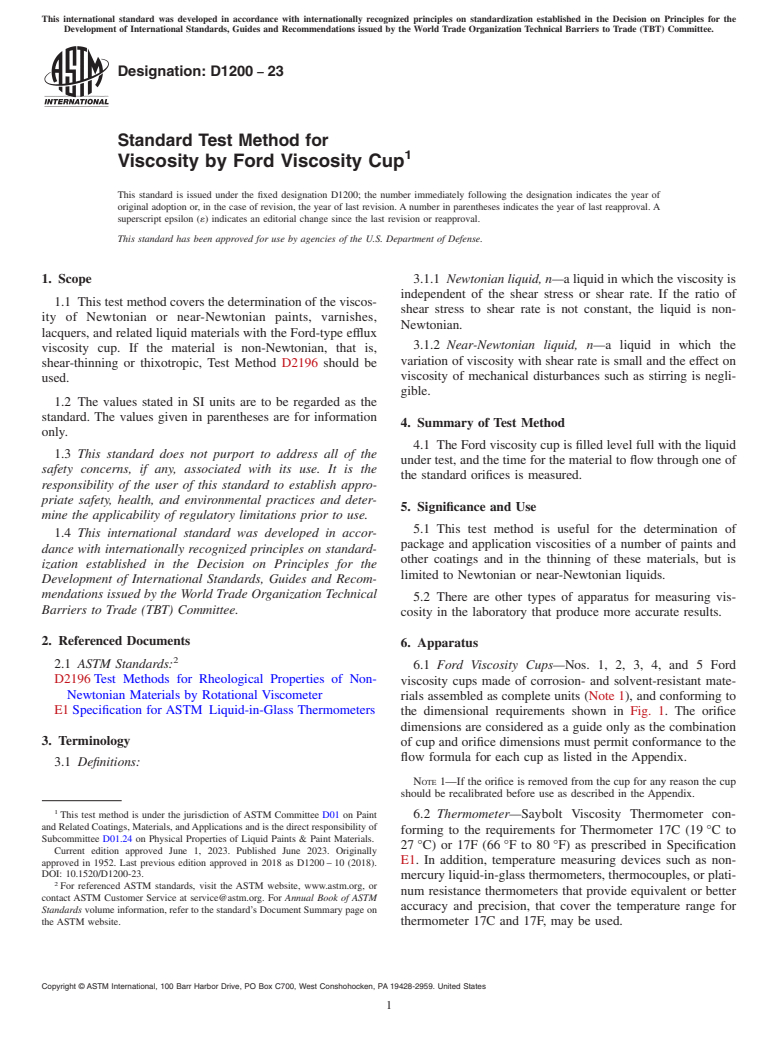 ASTM D1200-23 - Standard Test Method for Viscosity by Ford Viscosity Cup