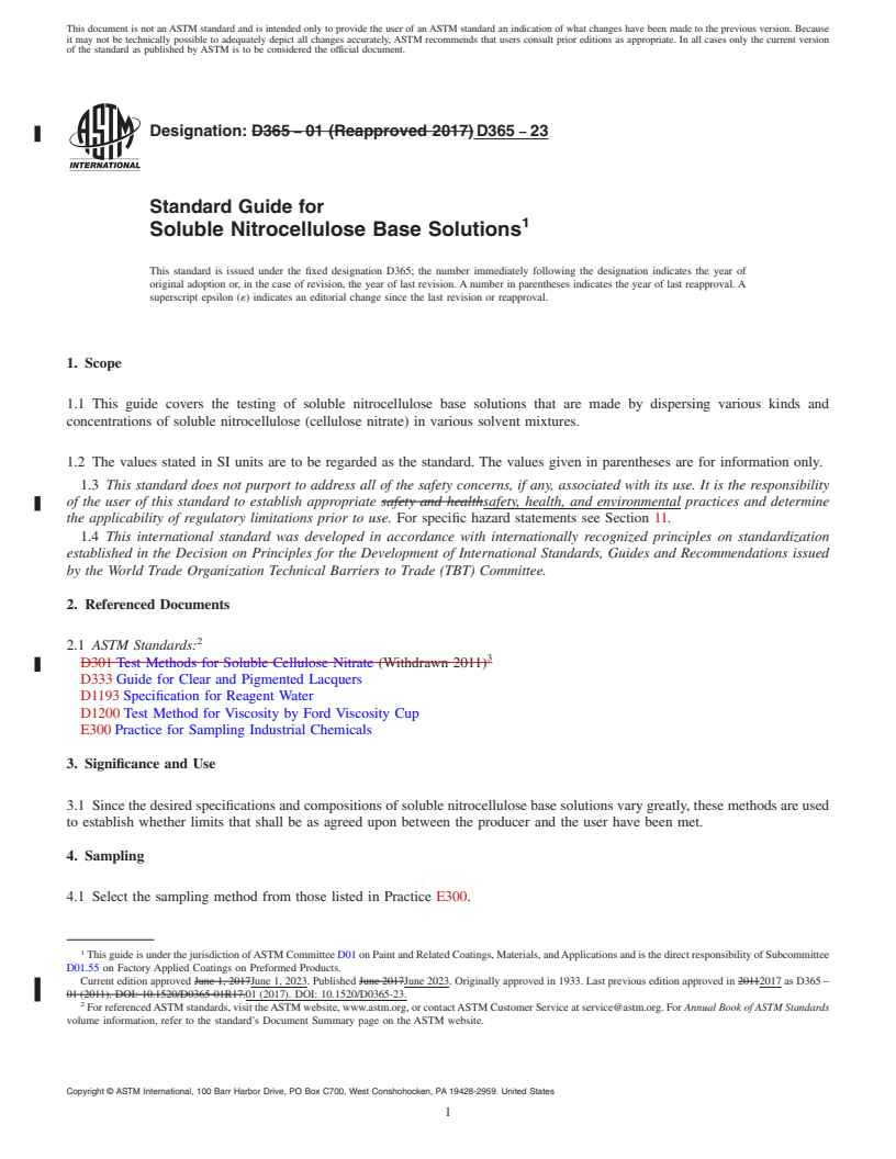 REDLINE ASTM D365-23 - Standard Guide for Soluble Nitrocellulose Base Solutions