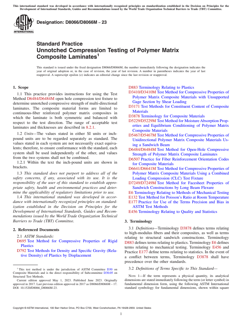 ASTM D8066/D8066M-23 - Standard Practice Unnotched Compression Testing of Polymer Matrix Composite Laminates