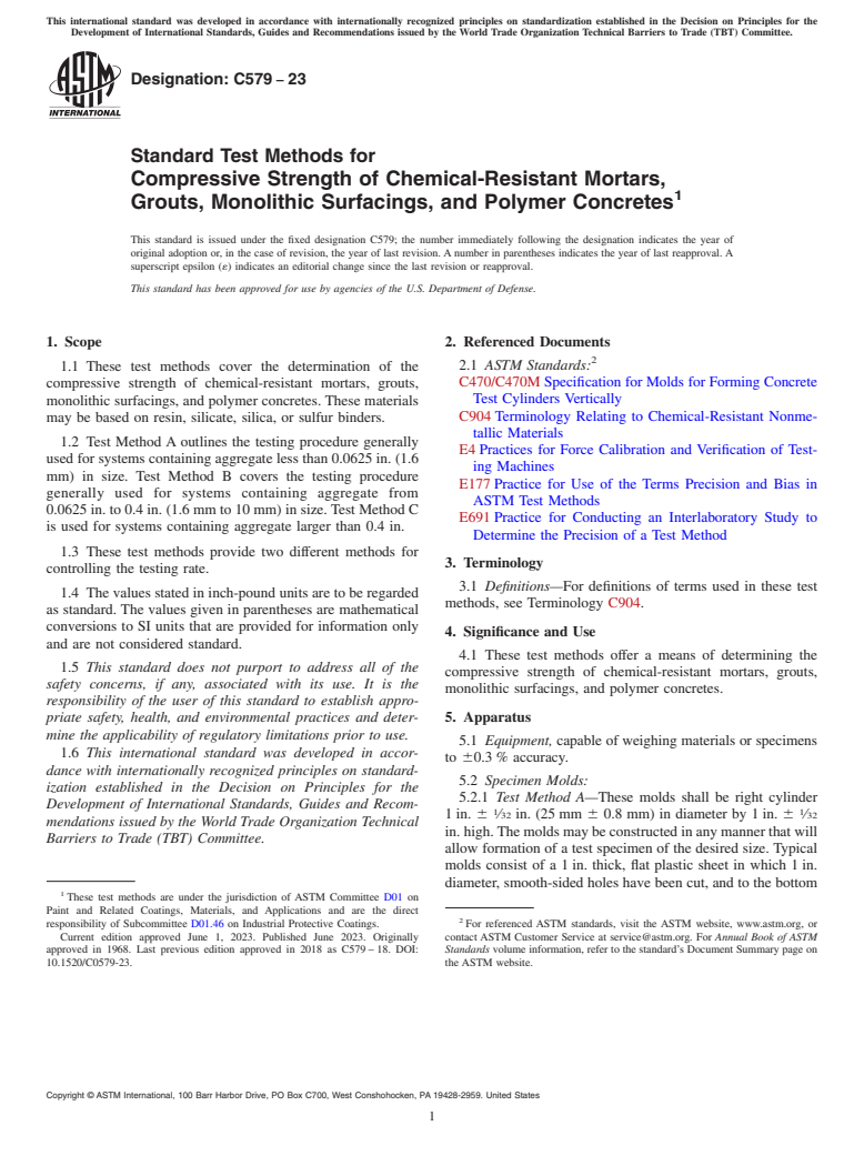 ASTM C579-23 - Standard Test Methods for Compressive Strength of Chemical-Resistant Mortars, Grouts,  Monolithic Surfacings, and Polymer Concretes