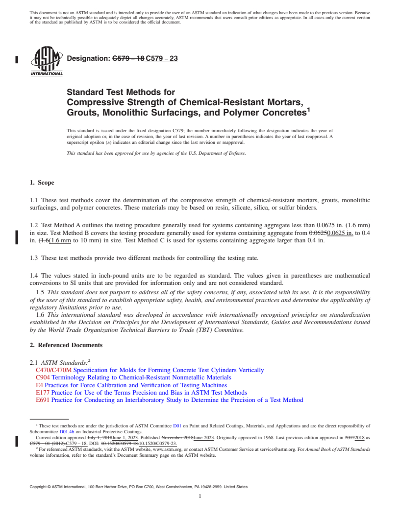 REDLINE ASTM C579-23 - Standard Test Methods for Compressive Strength of Chemical-Resistant Mortars, Grouts,  Monolithic Surfacings, and Polymer Concretes