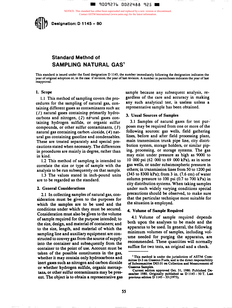 ASTM D1145-80 - Test Method for Sampling Natural Gas (Withdrawn 1986)