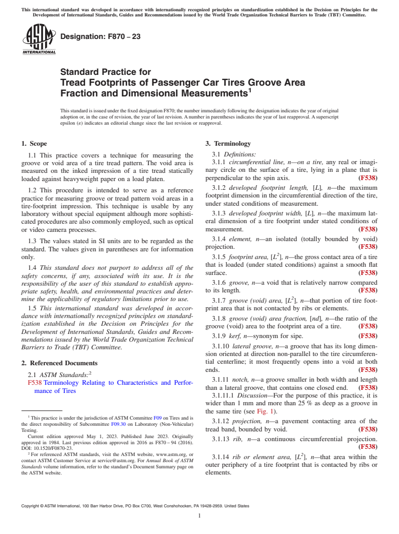 ASTM F870-23 - Standard Practice for Tread Footprints of Passenger Car Tires Groove Area Fraction  and Dimensional Measurements