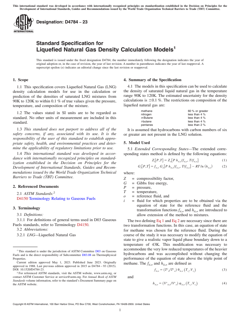 ASTM D4784-23 - Standard Specification for  Liquefied Natural Gas Density Calculation Models