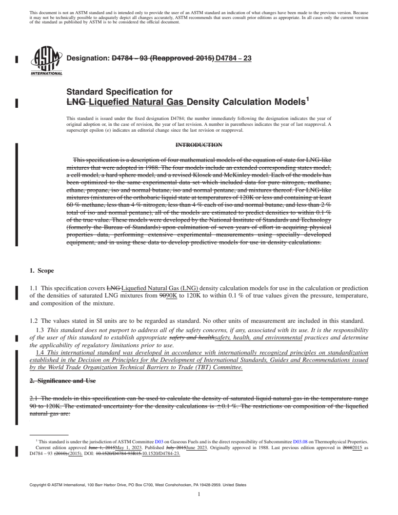 REDLINE ASTM D4784-23 - Standard Specification for  Liquefied Natural Gas Density Calculation Models