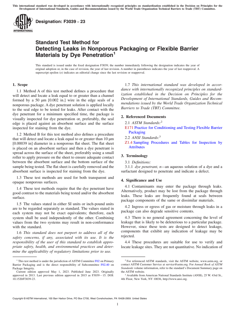 ASTM F3039-23 - Standard Test Method for Detecting Leaks in Nonporous Packaging or Flexible Barrier  Materials by Dye Penetration