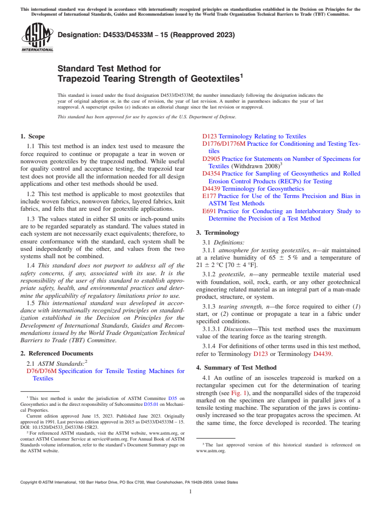 ASTM D4533/D4533M-15(2023) - Standard Test Method for Trapezoid Tearing Strength of Geotextiles