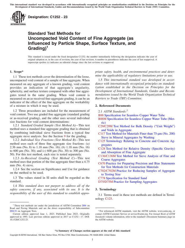 ASTM C1252-23 - Standard Test Methods for  Uncompacted Void Content of Fine Aggregate (as Influenced by  Particle Shape, Surface Texture, and Grading)