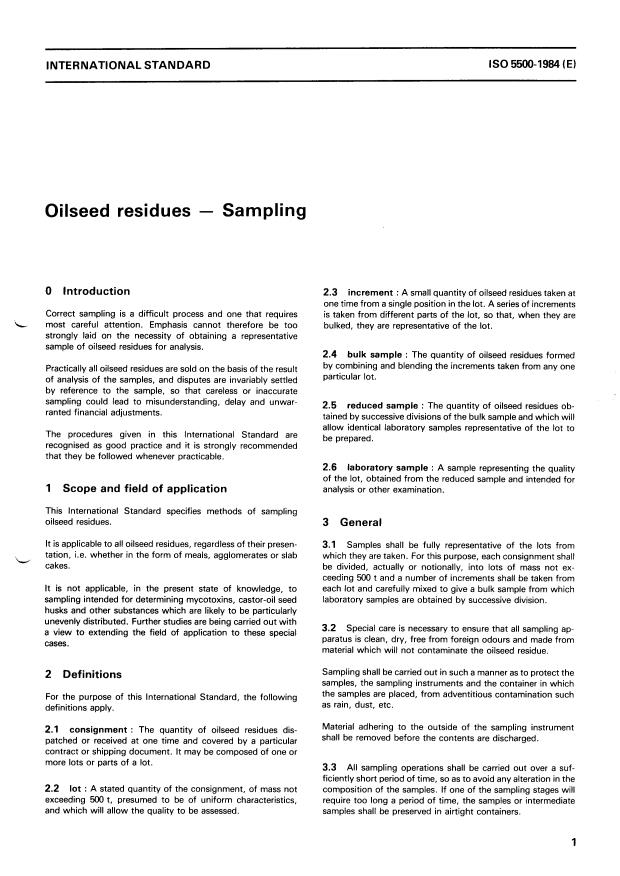 ISO 5500:1984 - Oilseed residues -- Sampling