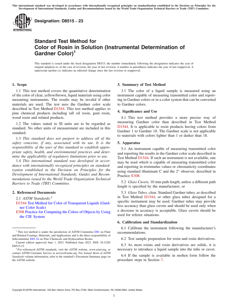 ASTM D8515-23 - Standard Test Method for  Color of Rosin in Solution (Instrumental Determination of Gardner  Color)