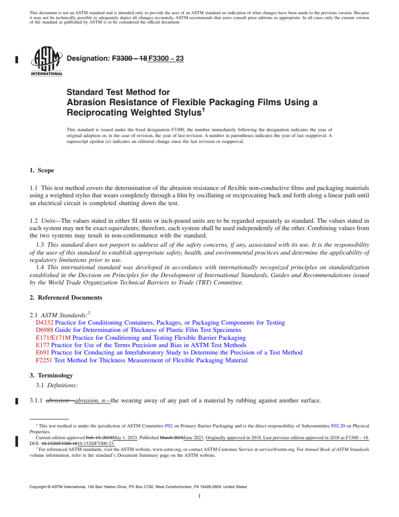 REDLINE ASTM F3300-23 - Standard Test Method for  Abrasion Resistance of Flexible Packaging Films Using a Reciprocating  Weighted Stylus