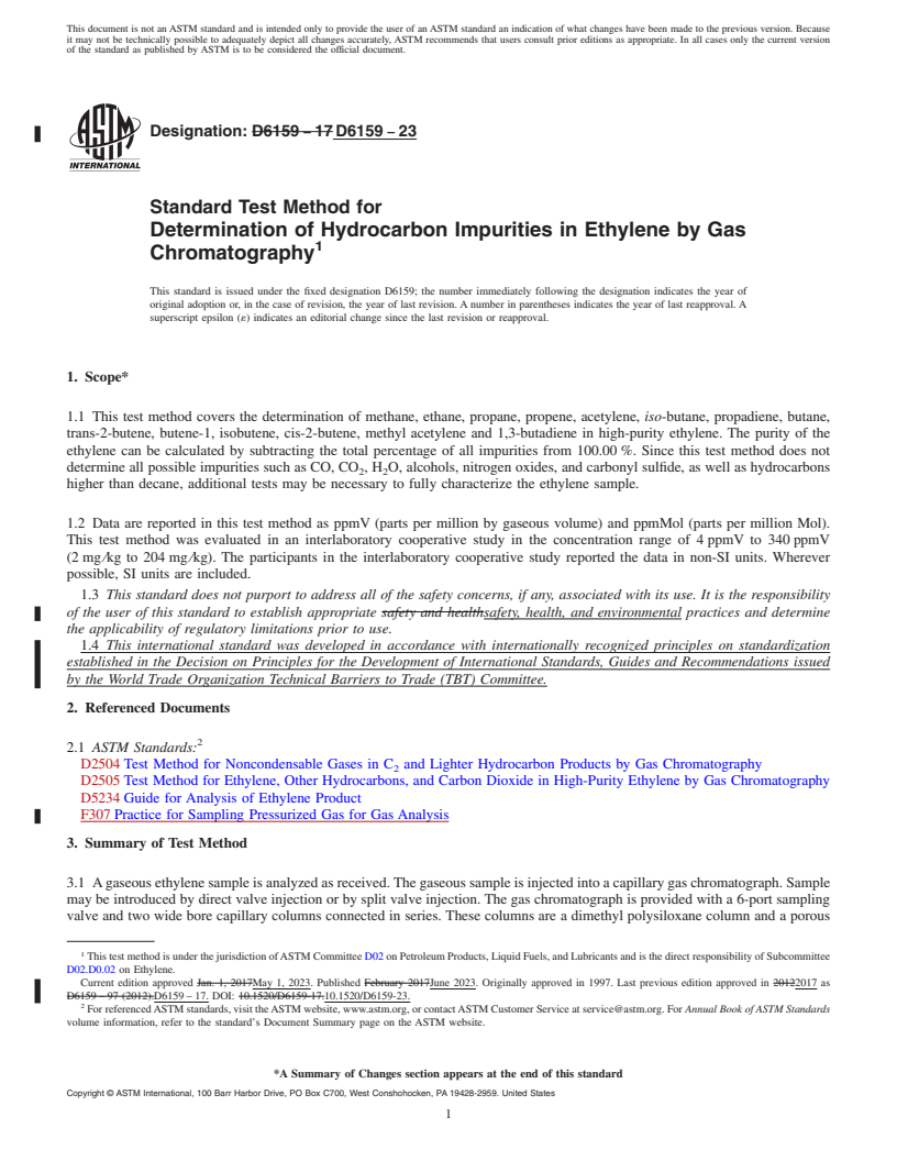 REDLINE ASTM D6159-23 - Standard Test Method for  Determination of Hydrocarbon Impurities in Ethylene by Gas  Chromatography