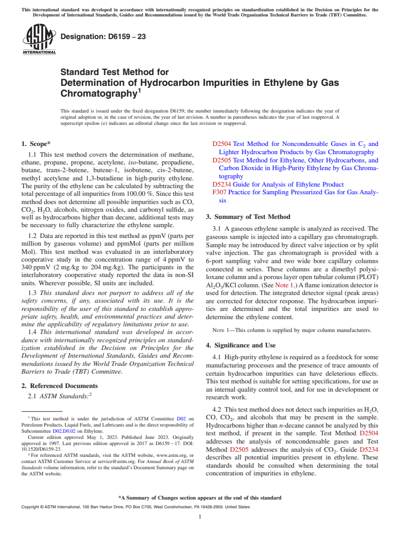 ASTM D6159-23 - Standard Test Method for  Determination of Hydrocarbon Impurities in Ethylene by Gas  Chromatography