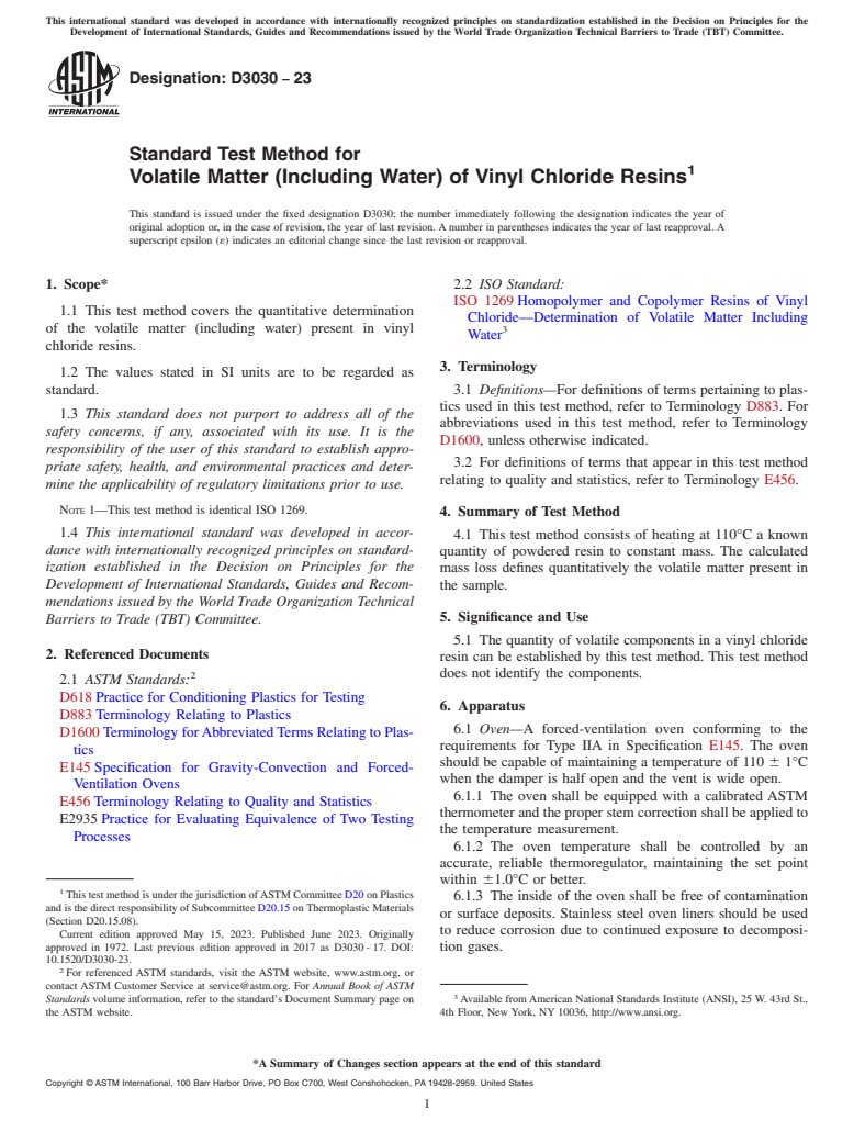 ASTM D3030-23 - Standard Test Method for Volatile Matter (Including Water) of Vinyl Chloride Resins
