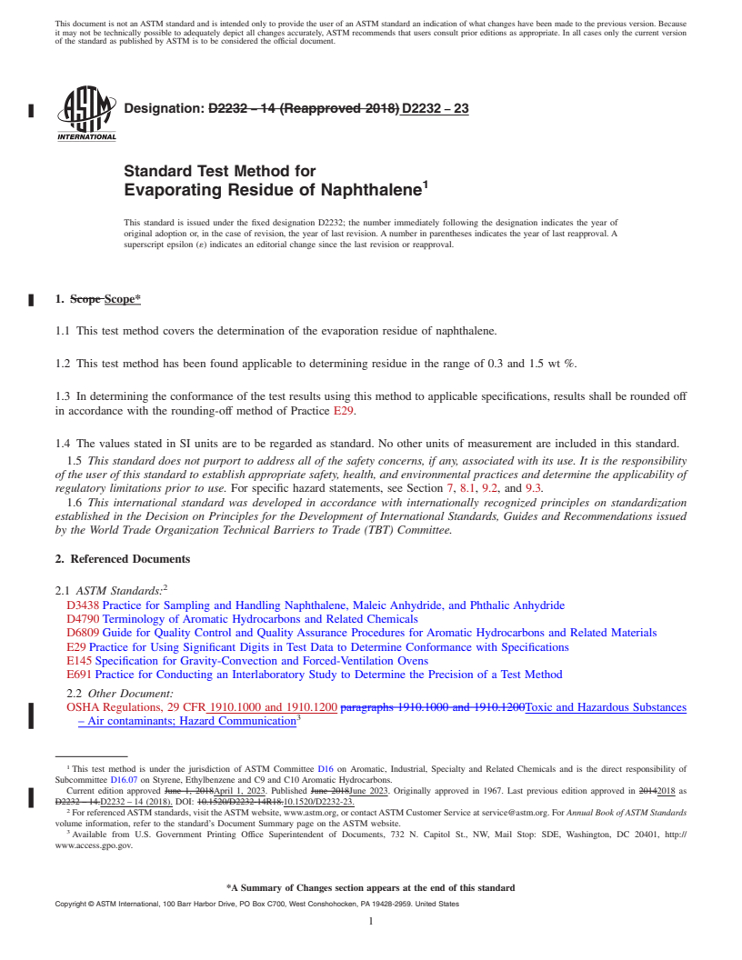 REDLINE ASTM D2232-23 - Standard Test Method for Evaporating Residue of Naphthalene