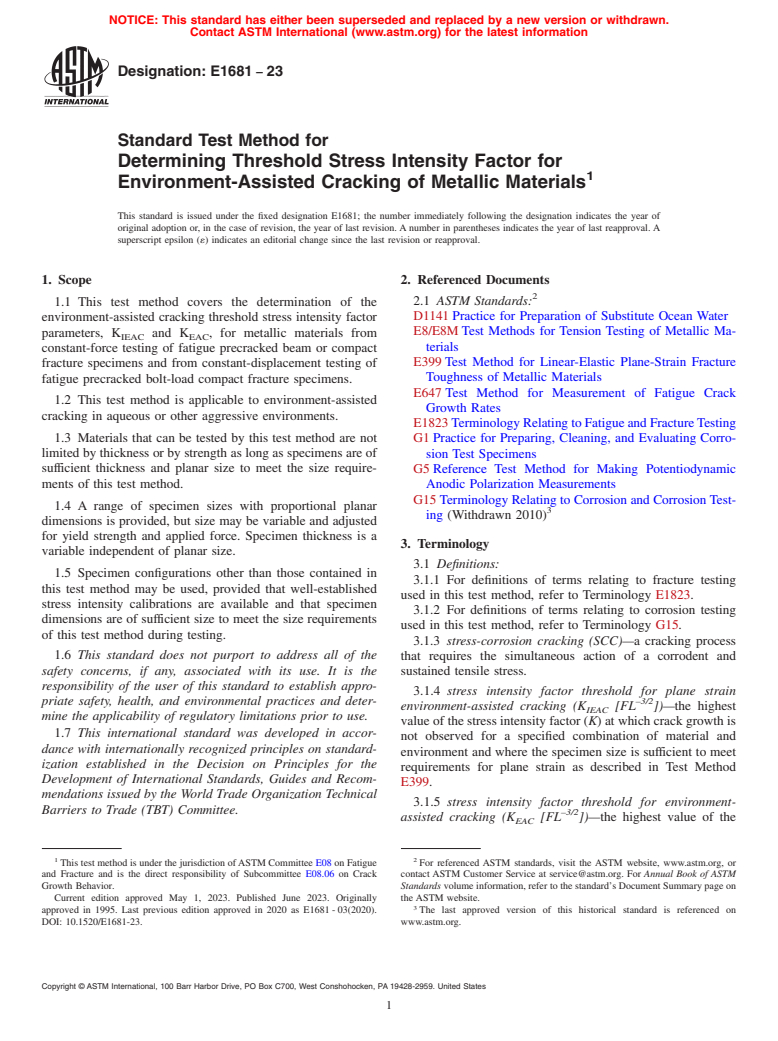 ASTM E1681-23 - Standard Test Method for  Determining Threshold Stress Intensity Factor for Environment-Assisted  Cracking of Metallic Materials