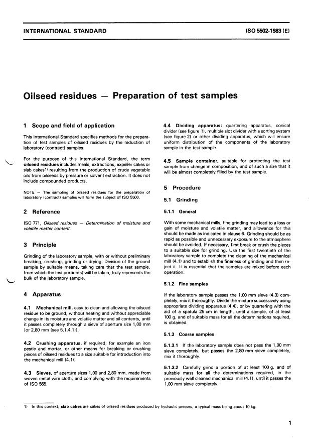 ISO 5502:1983 - Oilseed residues -- Preparation of test samples