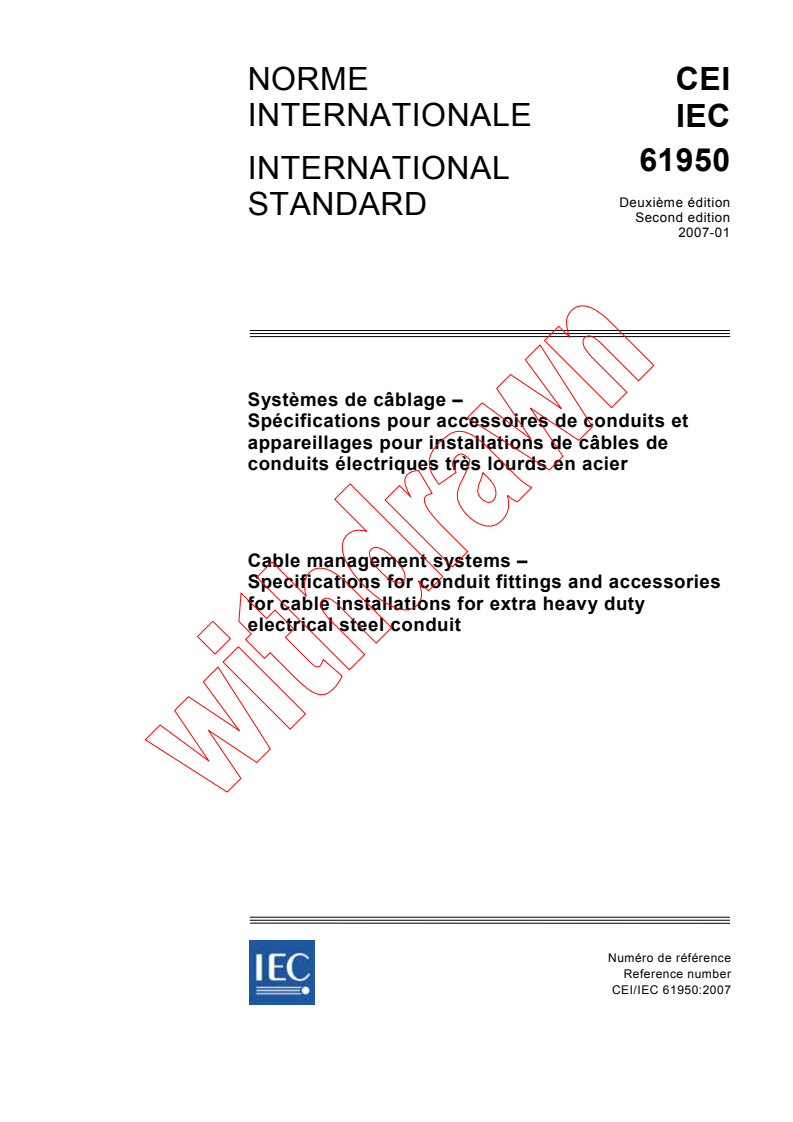 IEC 61950:2007 - Cable management systems - Specifications for conduit fittings and accessories for cable installations for extra heavy duty electrical steel conduit
Released:1/30/2007
Isbn:2831889820