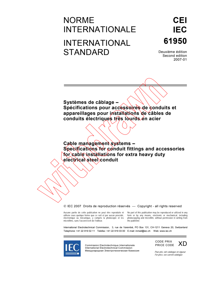 IEC 61950:2007 - Cable management systems - Specifications for conduit fittings and accessories for cable installations for extra heavy duty electrical steel conduit
Released:1/30/2007
Isbn:2831889820