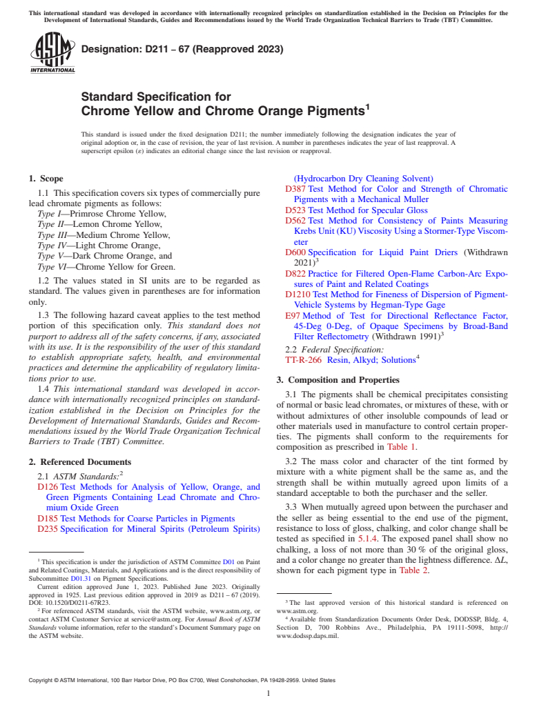 ASTM D211-67(2023) - Standard Specification for  Chrome Yellow and Chrome Orange Pigments