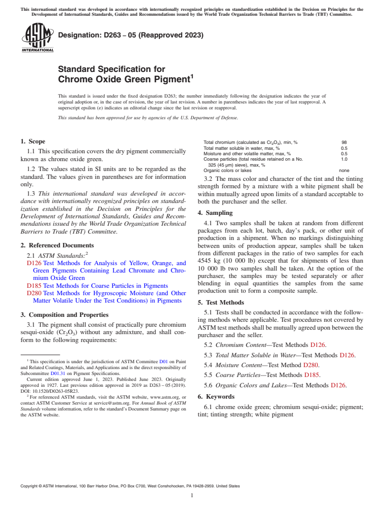 ASTM D263-05(2023) - Standard Specification for Chrome Oxide Green Pigment