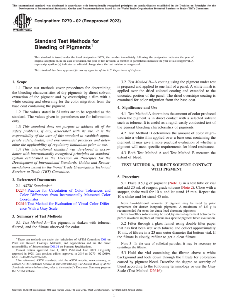 ASTM D279-02(2023) - Standard Test Methods for  Bleeding of Pigments