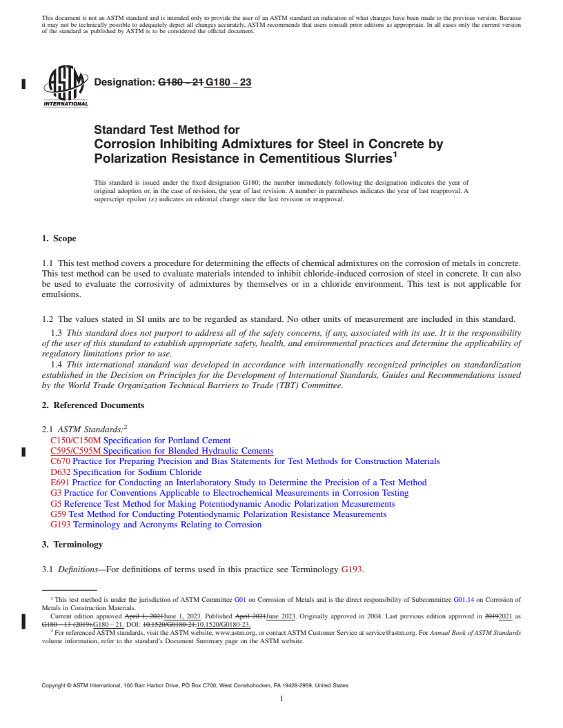 REDLINE ASTM G180-23 - Standard Test Method for Corrosion Inhibiting Admixtures for Steel in Concrete by Polarization  Resistance in Cementitious Slurries
