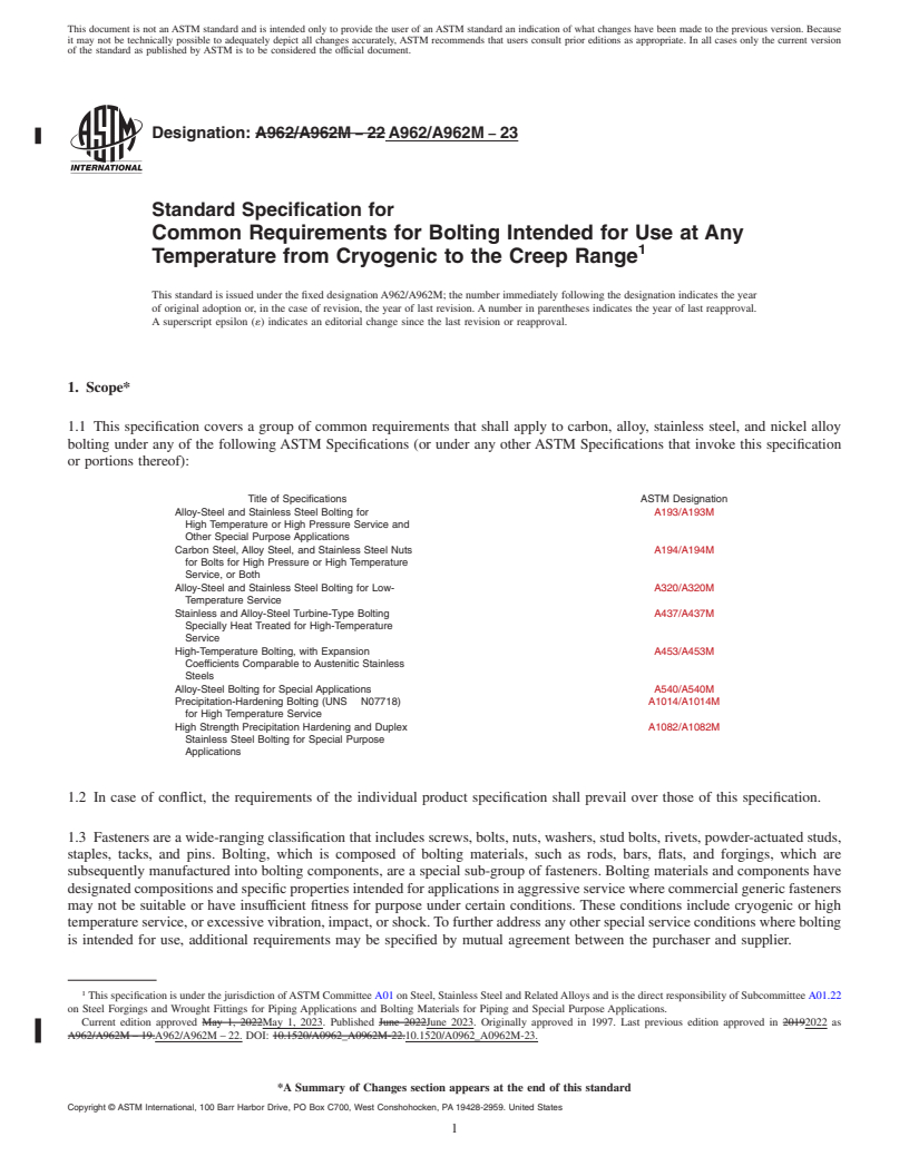 REDLINE ASTM A962/A962M-23 - Standard Specification for  Common Requirements for Bolting Intended for Use at Any Temperature  from Cryogenic to the Creep Range