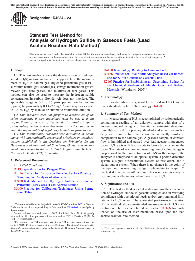 ASTM D4084-23 - Standard Test Method for  Analysis of Hydrogen Sulfide in Gaseous Fuels (Lead Acetate  Reaction Rate Method)