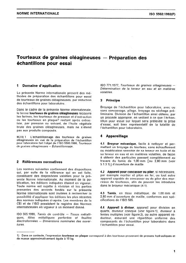 ISO 5502:1992 - Tourteaux de graines oléagineuses -- Préparation des échantillons pour essai