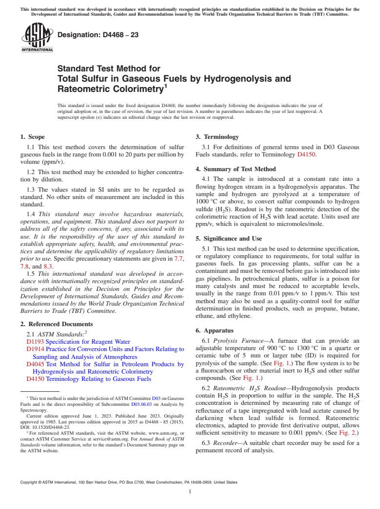 ASTM D4468-23 - Standard Test Method for  Total Sulfur in Gaseous Fuels by Hydrogenolysis and<brk/> Rateometric  Colorimetry