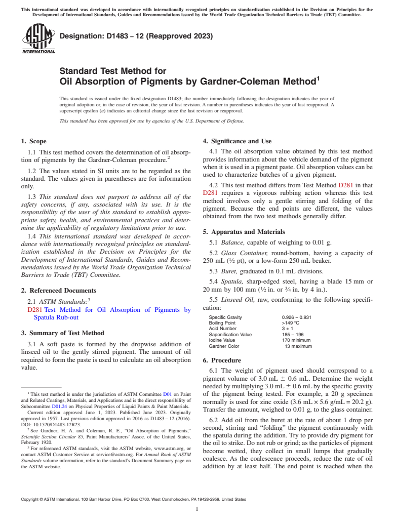 ASTM D1483-12(2023) - Standard Test Method for Oil Absorption of Pigments by Gardner-Coleman Method