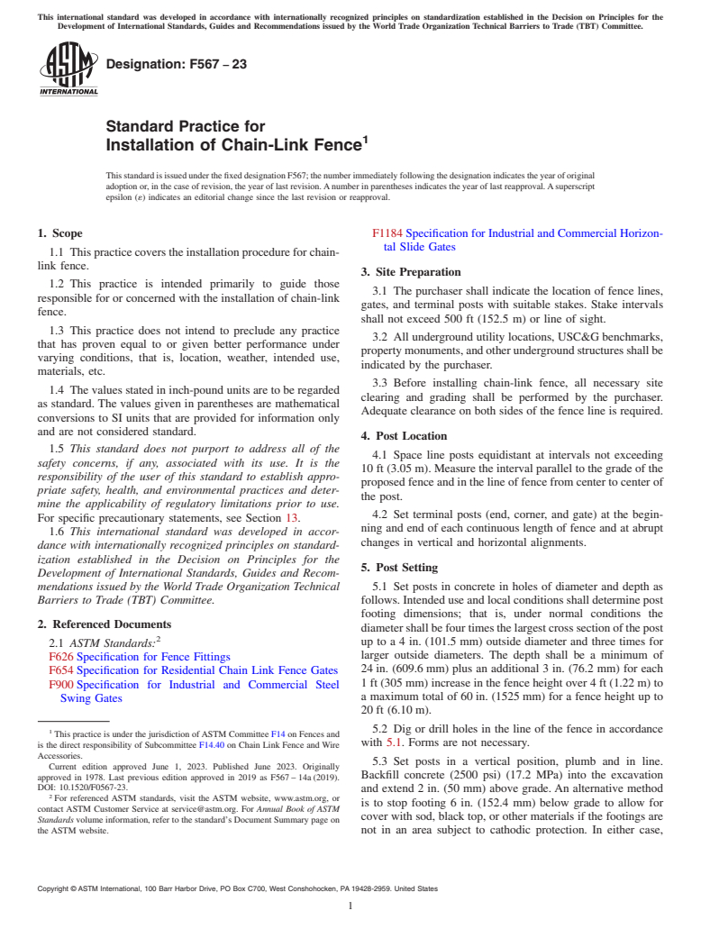 ASTM F567-23 - Standard Practice for  Installation of Chain-Link Fence