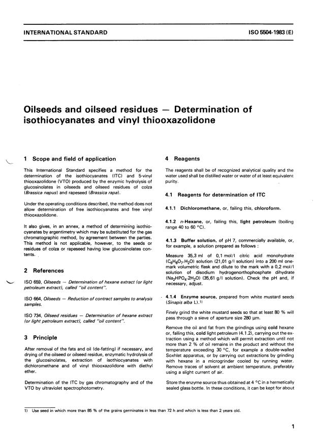ISO 5504:1983 - Oilseeds and oilseed residues -- Determination of isothiocyanates and vinyl thiooxazolidone