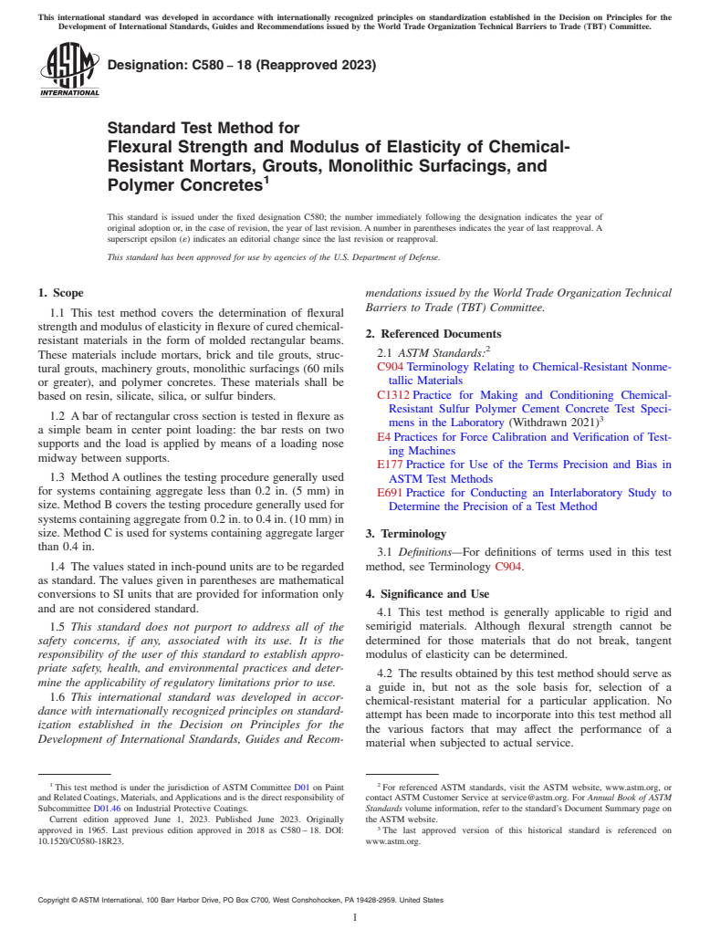 ASTM C580-18(2023) - Standard Test Method for Flexural Strength and Modulus of Elasticity of Chemical-Resistant  Mortars, Grouts, Monolithic Surfacings, and Polymer Concretes