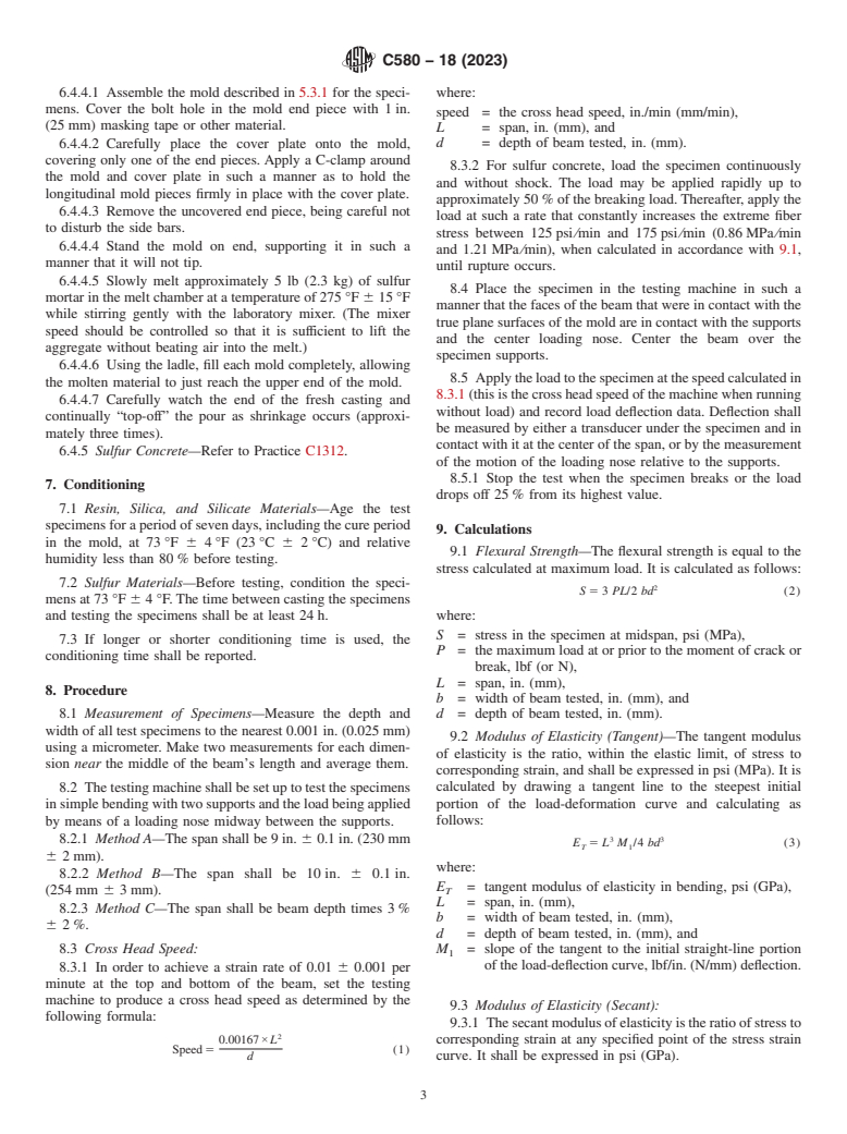 ASTM C580-18(2023) - Standard Test Method for Flexural Strength and Modulus of Elasticity of Chemical-Resistant  Mortars, Grouts, Monolithic Surfacings, and Polymer Concretes