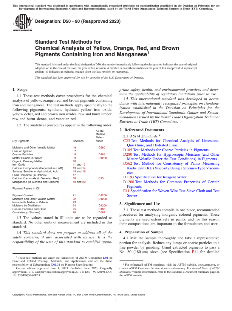 ASTM D50-90(2023) - Standard Test Methods for Chemical Analysis of Yellow, Orange, Red, and Brown Pigments   Containing Iron and Manganese