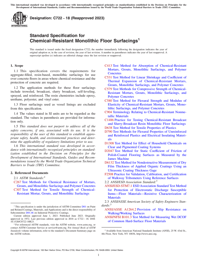 ASTM C722-18(2023) - Standard Specification for Chemical-Resistant Monolithic Floor Surfacings