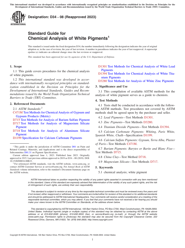 ASTM D34-08(2023) - Standard Guide for Chemical Analysis of White Pigments