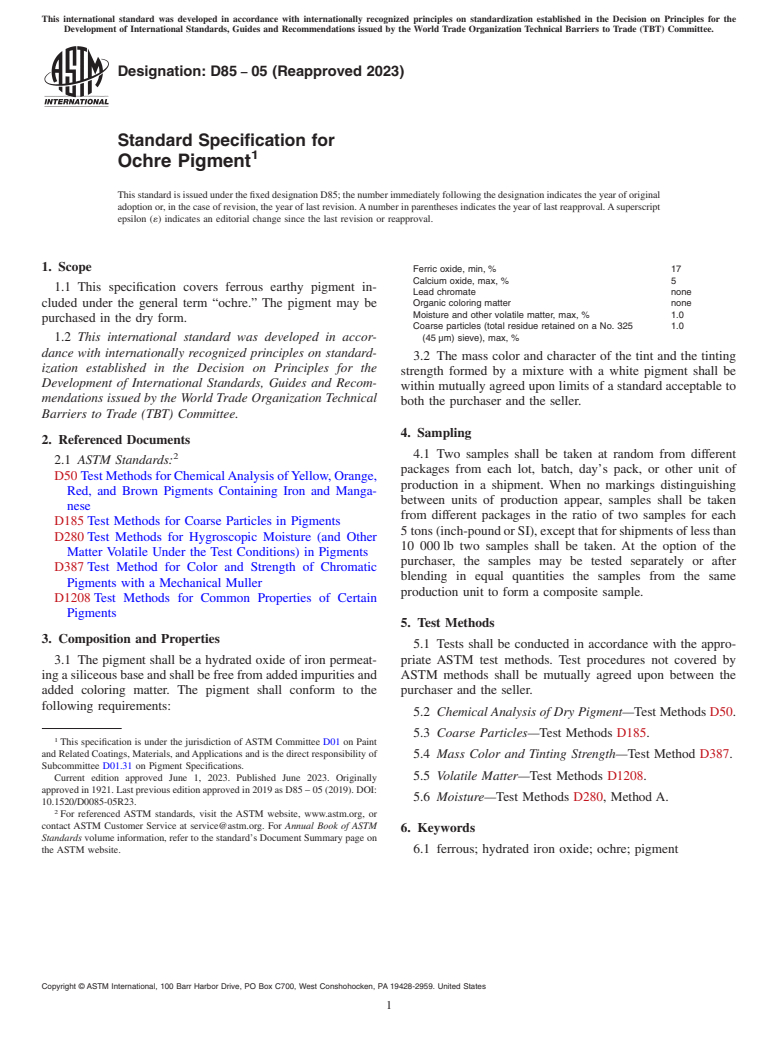 ASTM D85-05(2023) - Standard Specification for Ochre Pigment