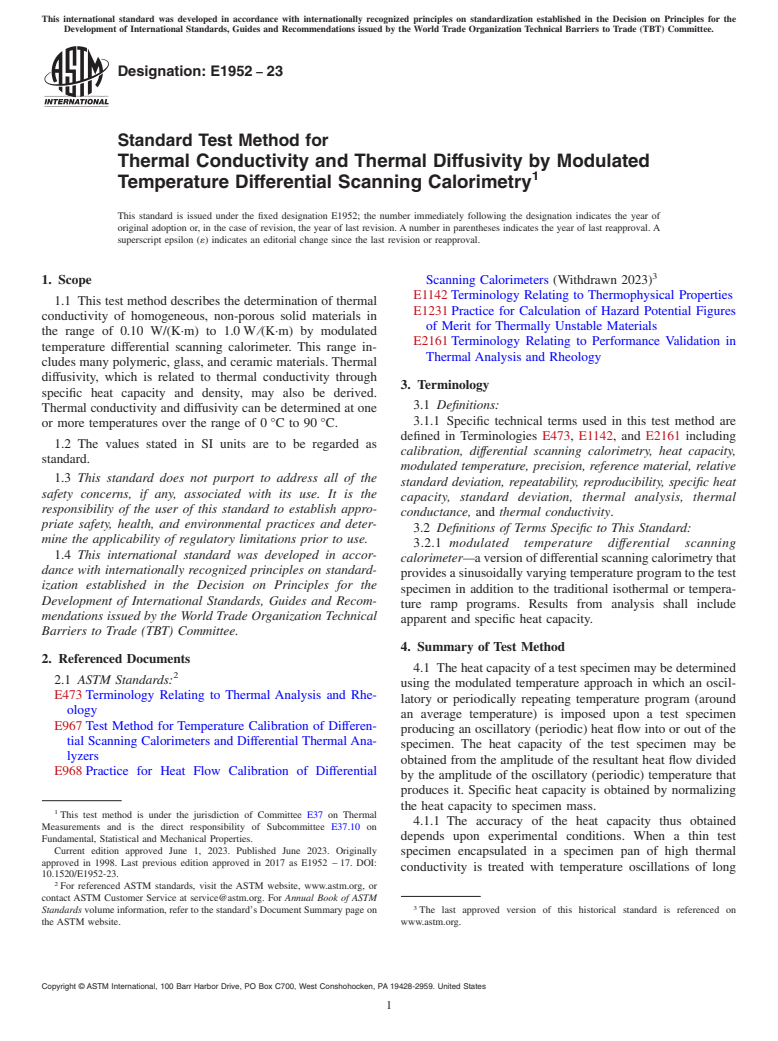 ASTM E1952-23 - Standard Test Method for  Thermal Conductivity and Thermal Diffusivity by Modulated Temperature  Differential Scanning Calorimetry