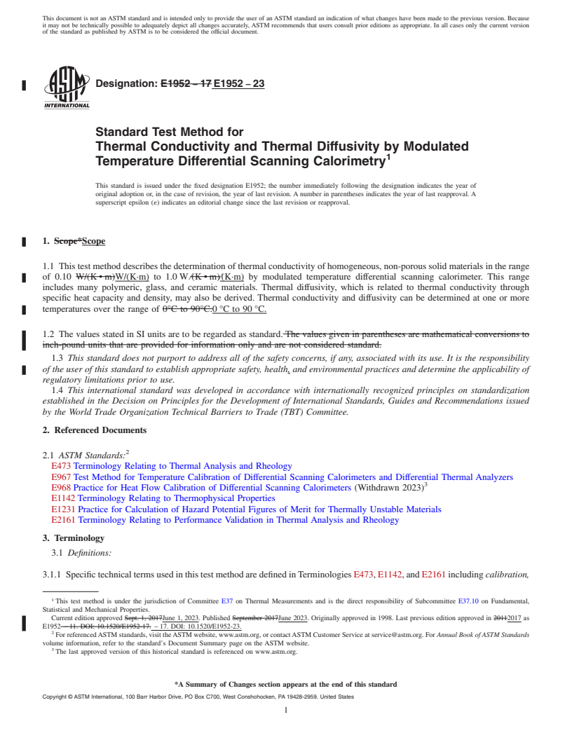 REDLINE ASTM E1952-23 - Standard Test Method for  Thermal Conductivity and Thermal Diffusivity by Modulated Temperature  Differential Scanning Calorimetry