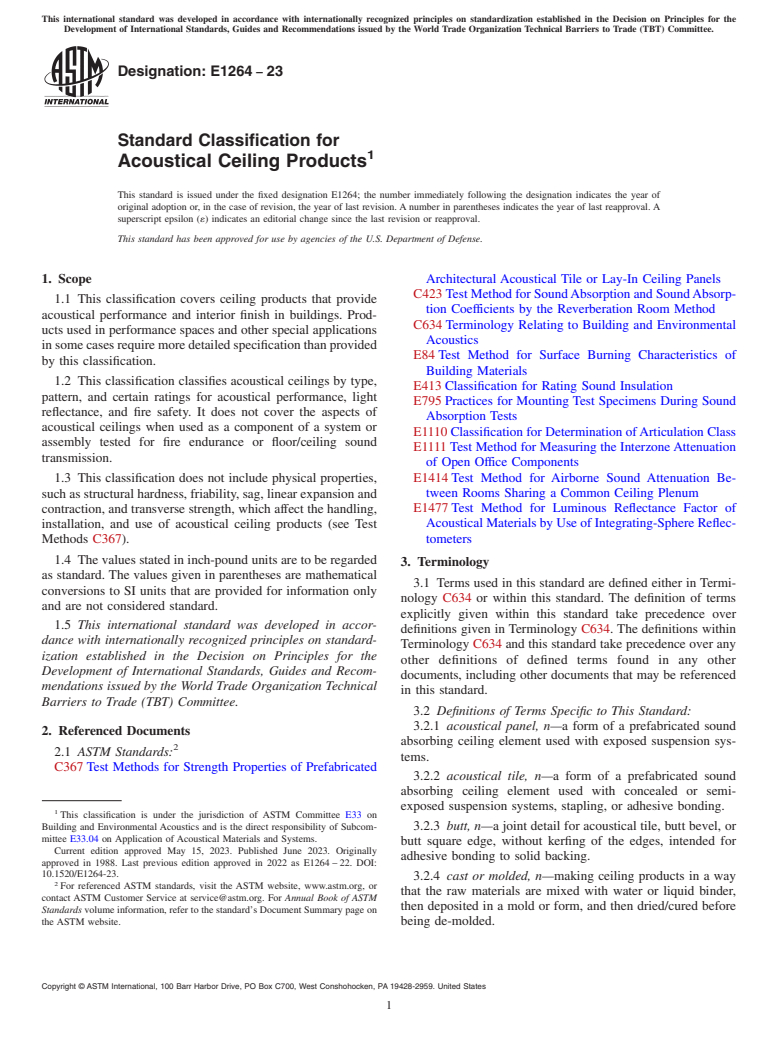 ASTM E1264-23 - Standard Classification for Acoustical Ceiling Products