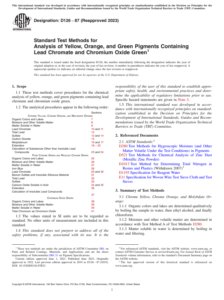 ASTM D126-87(2023) - Standard Test Methods for Analysis of Yellow, Orange, and Green Pigments Containing Lead   Chromate    and Chromium Oxide Green