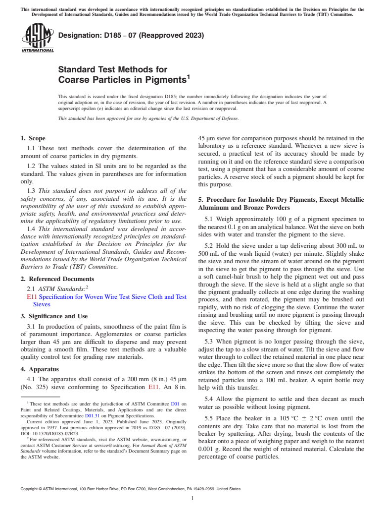 ASTM D185-07(2023) - Standard Test Methods for  Coarse Particles in Pigments