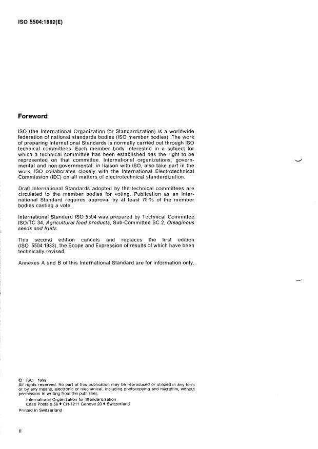 ISO 5504:1992 ISO 5504:1992 - Oilseed residues -- Determination of total isothiocyanate content and vinylthiooxazolidone content - Page 2 preview