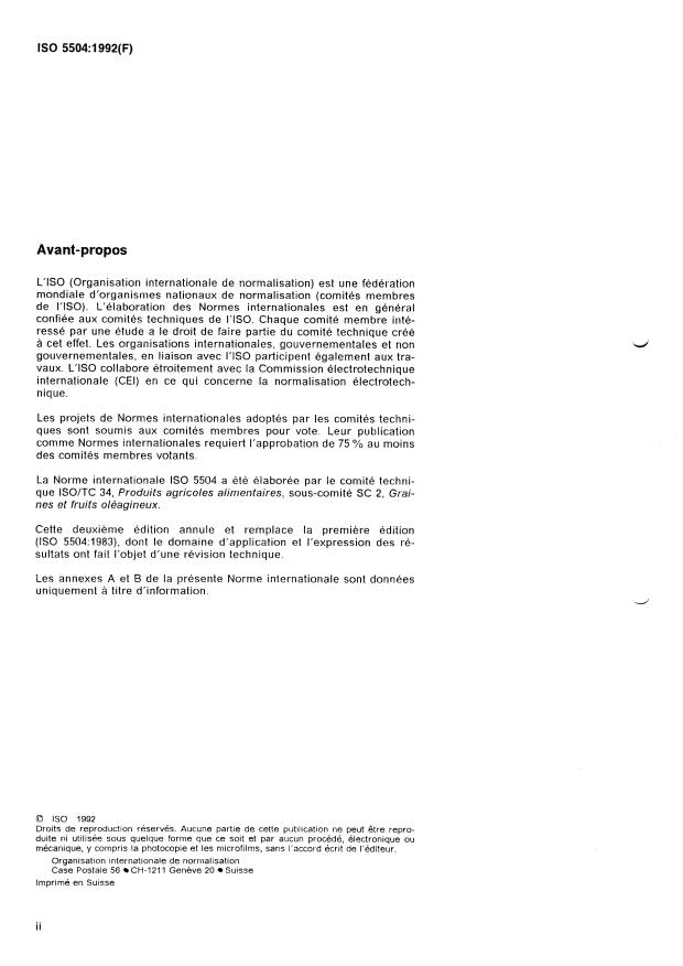 ISO 5504:1992 ISO 5504:1992 - Tourteaux de graines oléagineuses -- Dosage des isothiocyanates et de la vinylthiooxazolidone - Page 2 preview