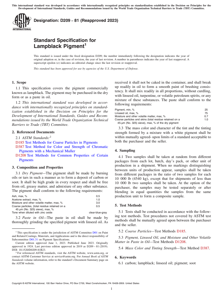 ASTM D209-81(2023) - Standard Specification for  Lampblack Pigment
